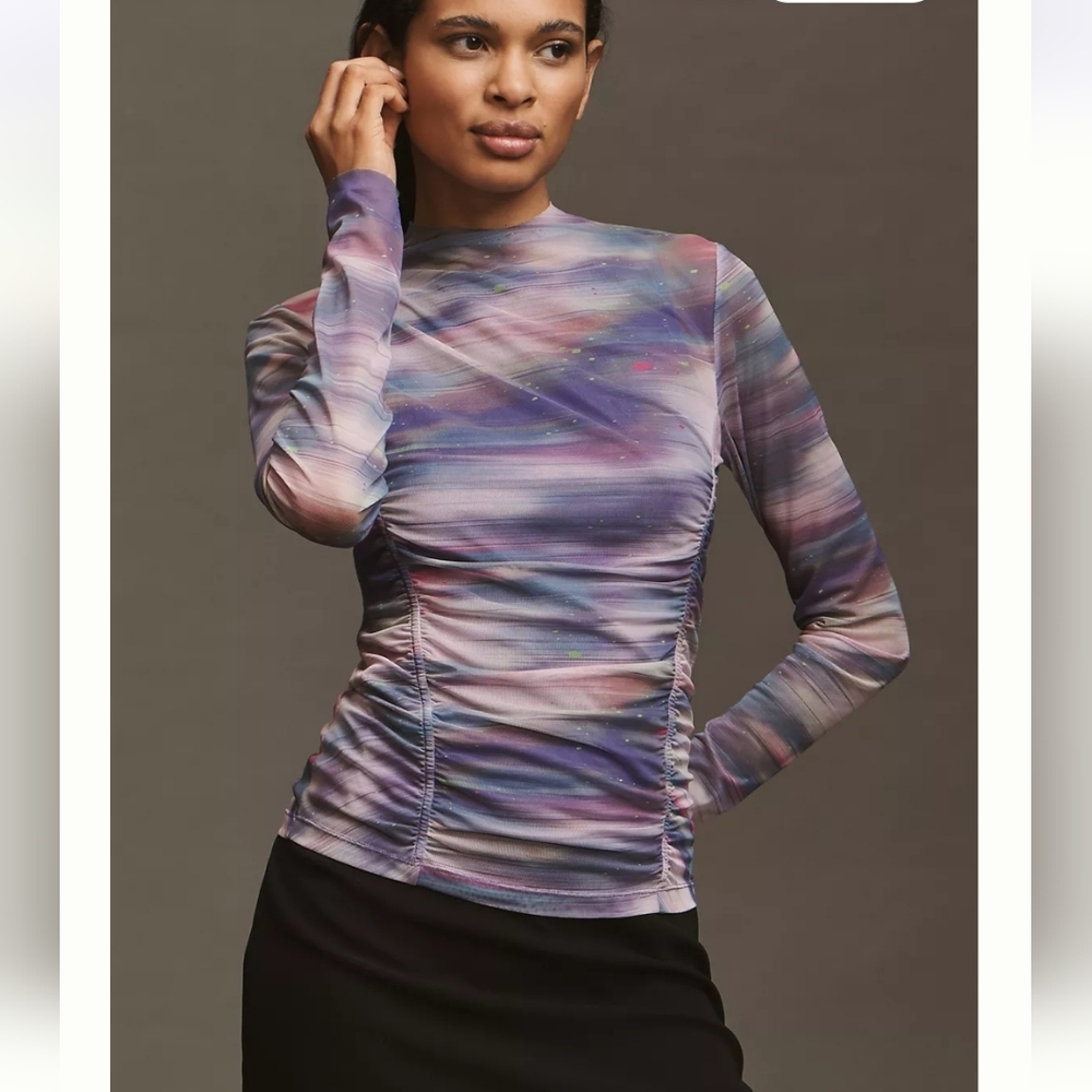 Anthropologie Purple Pink Double Layer Lined Mesh Longsleeve Top Size 1X NWT
